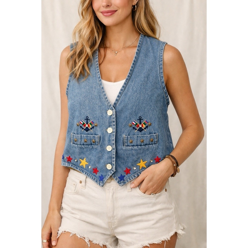 Vtg 90s Lone Blu Denim Vest Americana Patriotic Stars Anchor Embroidered Western